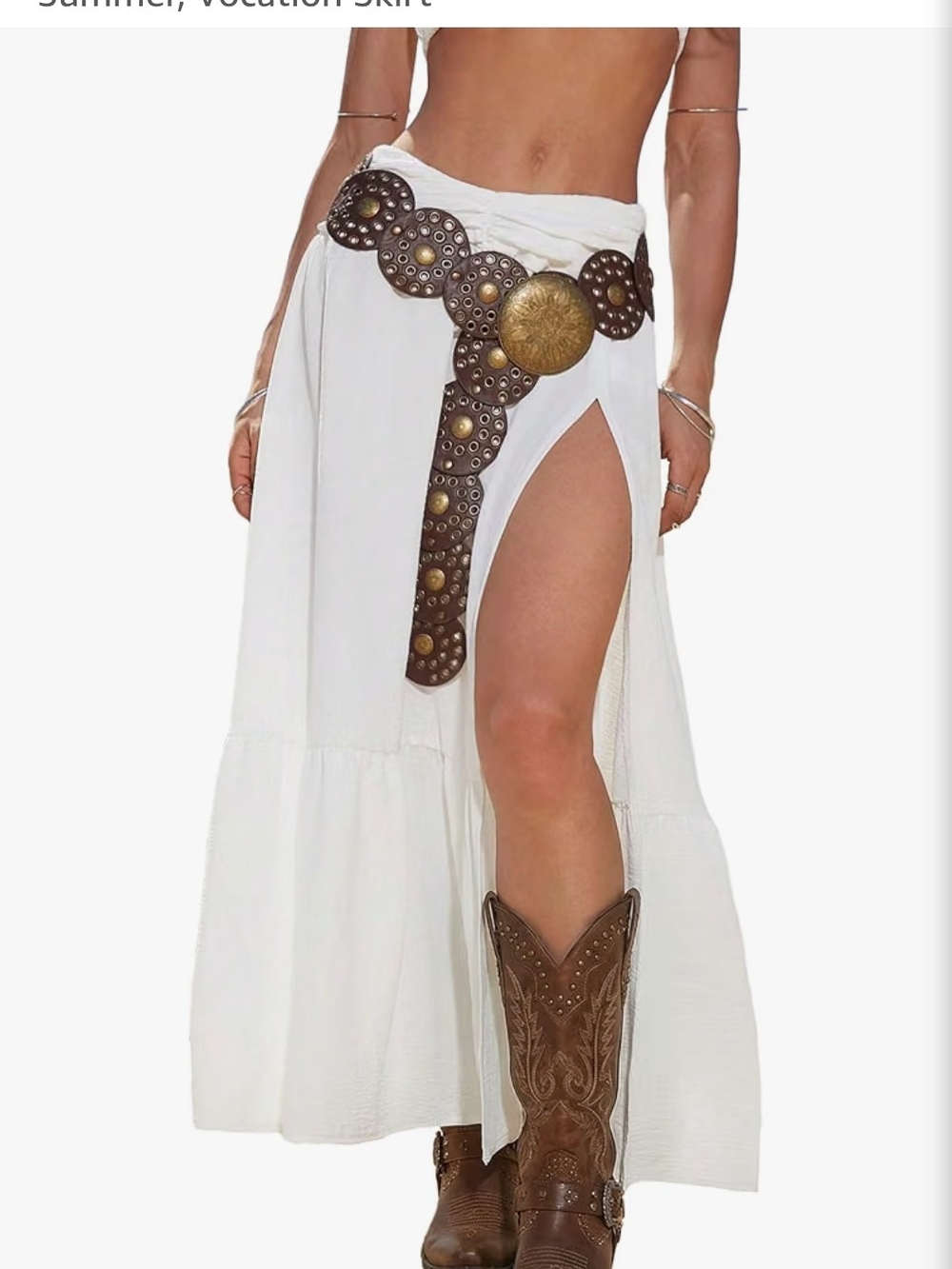 Boho White High-Slit Maxi Skirt Only (Belt Not Included)